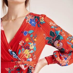Anthropologie long bright red floral lined ruffled hem tunic dress sz o